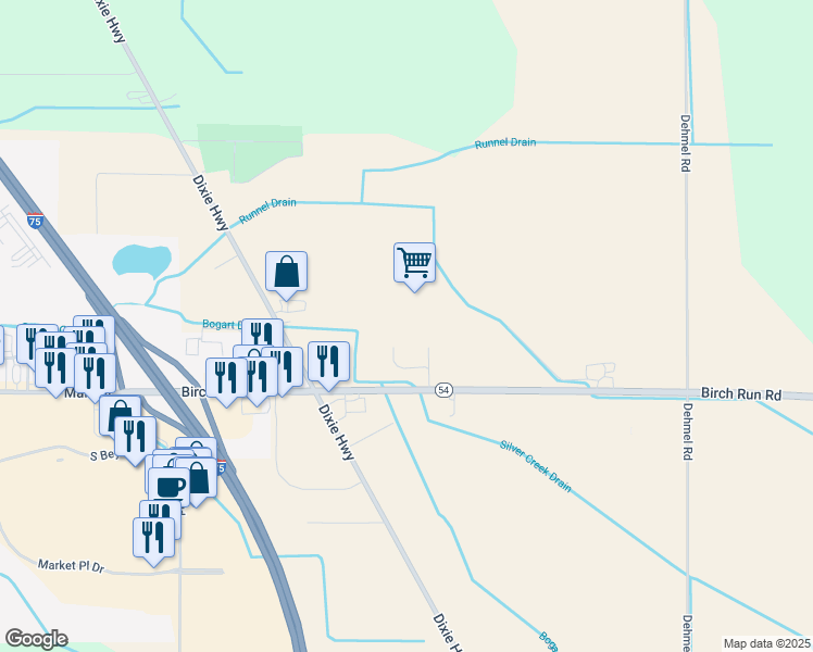map of restaurants, bars, coffee shops, grocery stores, and more near 9515 Birch Run Road in Birch Run