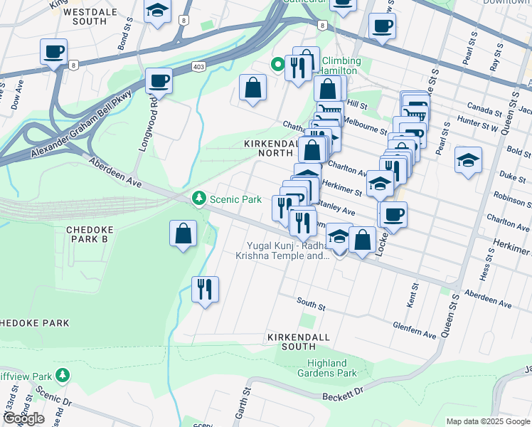 map of restaurants, bars, coffee shops, grocery stores, and more near 500 Aberdeen Avenue in Hamilton