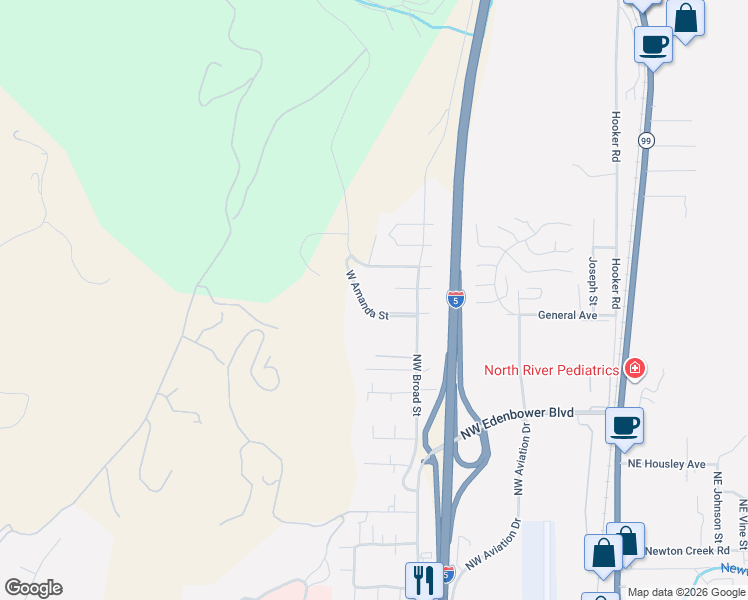 map of restaurants, bars, coffee shops, grocery stores, and more near 204 West Kristen Court in Roseburg