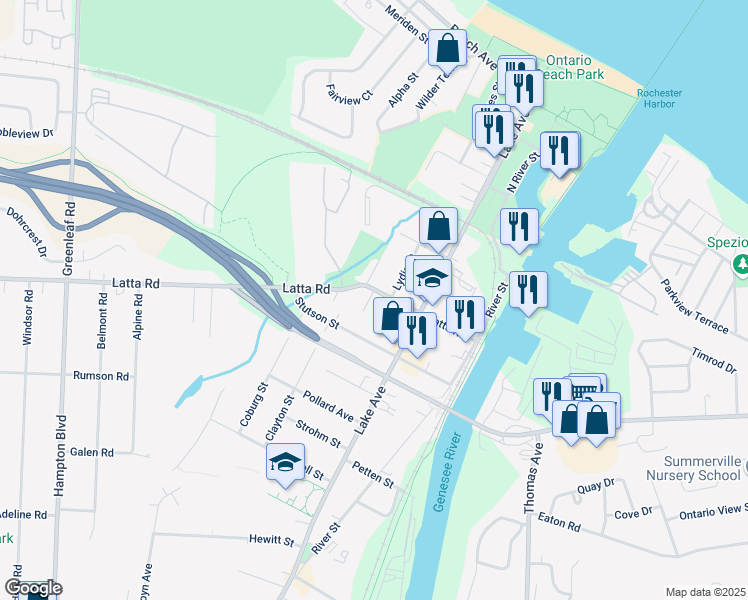 map of restaurants, bars, coffee shops, grocery stores, and more near 209 Latta Road in Rochester