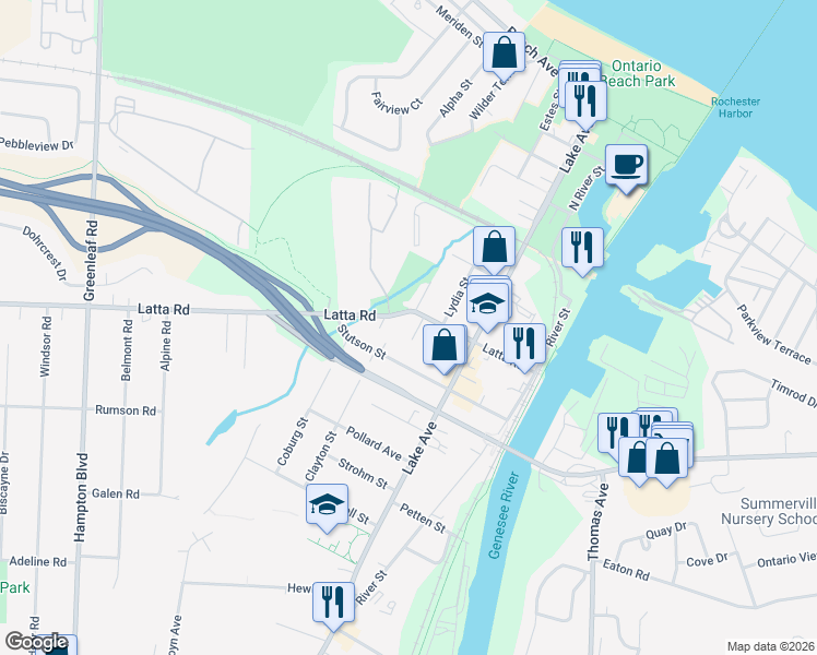 map of restaurants, bars, coffee shops, grocery stores, and more near 209 Latta Road in Rochester
