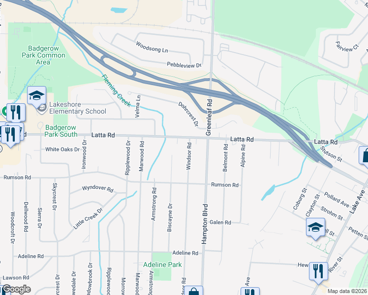map of restaurants, bars, coffee shops, grocery stores, and more near 745 Latta Road in Rochester