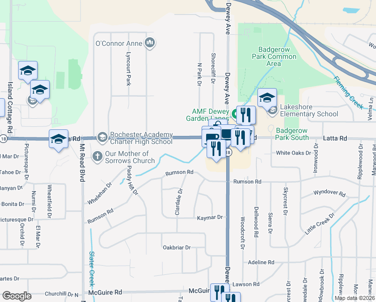 map of restaurants, bars, coffee shops, grocery stores, and more near 1433 Latta Road in Rochester