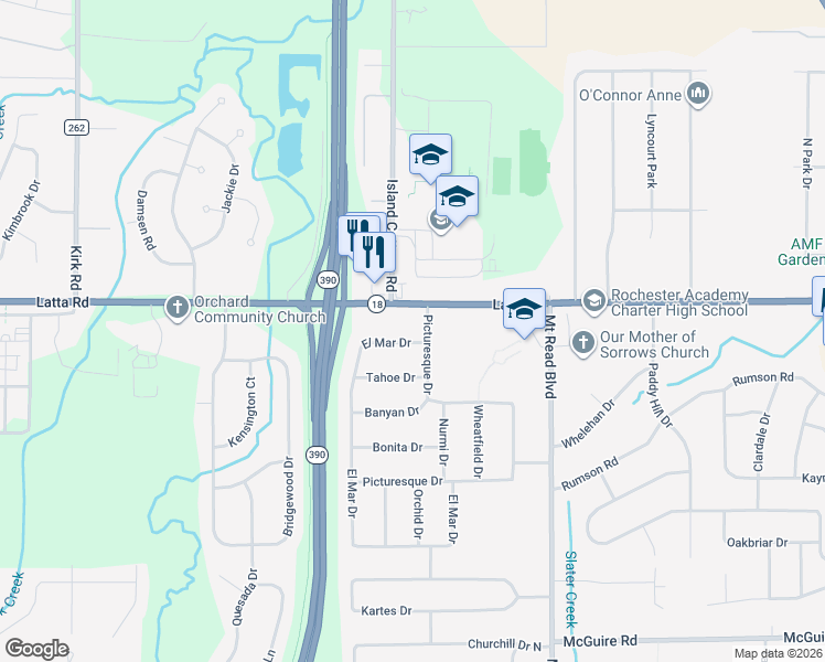 map of restaurants, bars, coffee shops, grocery stores, and more near 1941 Latta Road in Rochester