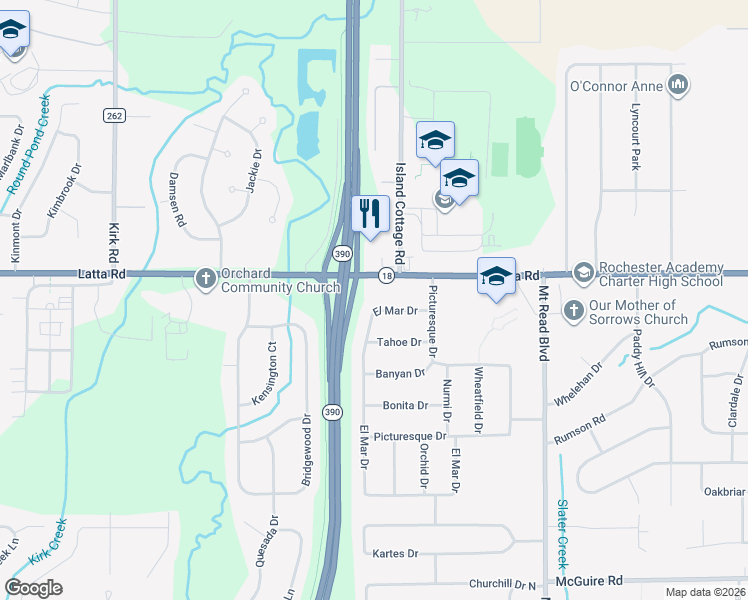 map of restaurants, bars, coffee shops, grocery stores, and more near 2081 Latta Road in Rochester