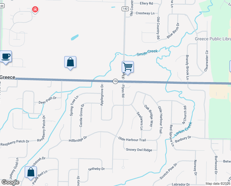 map of restaurants, bars, coffee shops, grocery stores, and more near 66 Olde Tavern Circle in Rochester