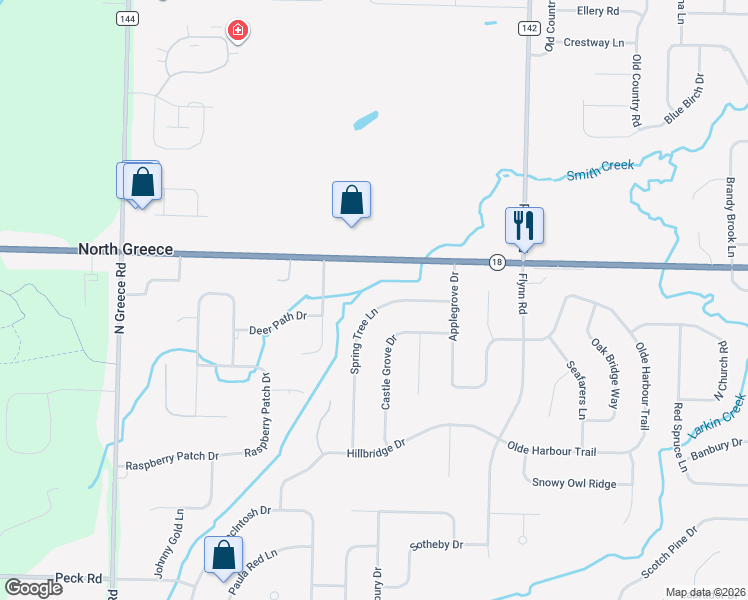 map of restaurants, bars, coffee shops, grocery stores, and more near 3447 Latta Road in Rochester
