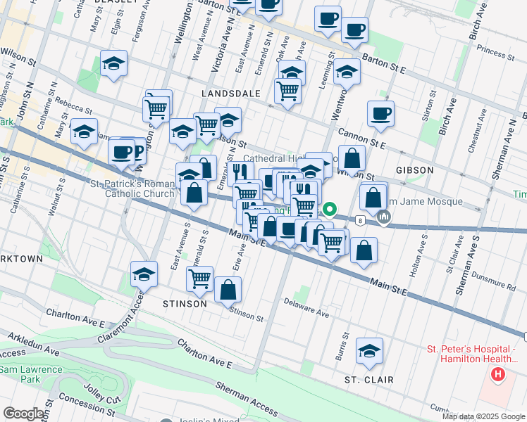map of restaurants, bars, coffee shops, grocery stores, and more near 595 King Street East in Hamilton