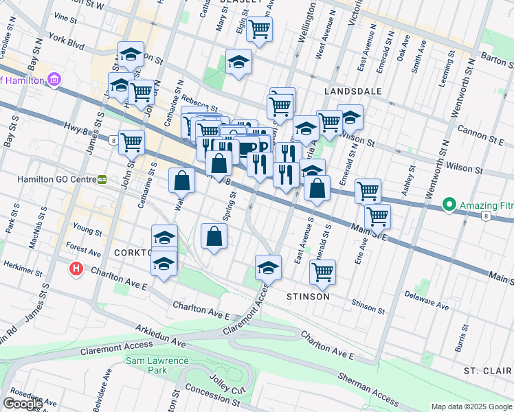 map of restaurants, bars, coffee shops, grocery stores, and more near 40 Wellington Street South in Hamilton