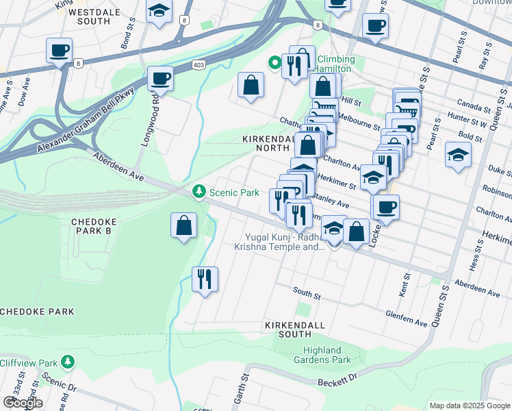 map of restaurants, bars, coffee shops, grocery stores, and more near in Hamilton
