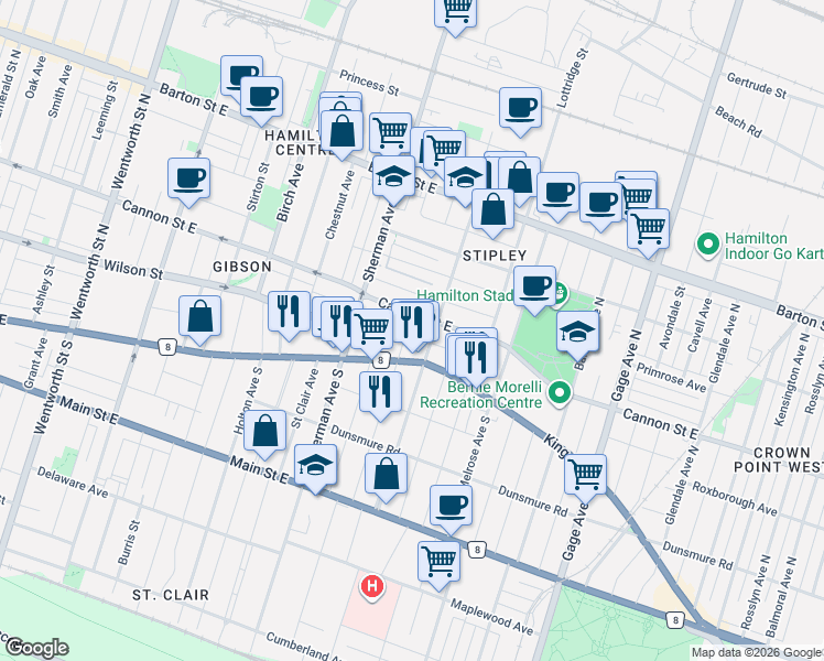map of restaurants, bars, coffee shops, grocery stores, and more near 28 Fairholt Road North in Hamilton