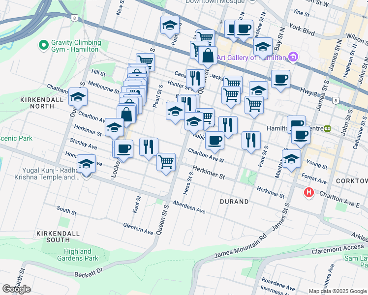 map of restaurants, bars, coffee shops, grocery stores, and more near 201 Charlton Avenue West in Hamilton