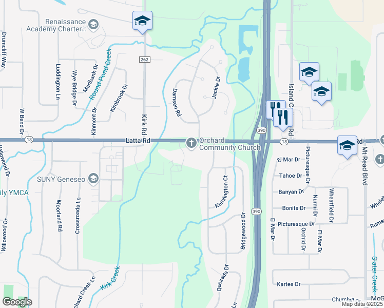 map of restaurants, bars, coffee shops, grocery stores, and more near 2287 Latta Road in Rochester