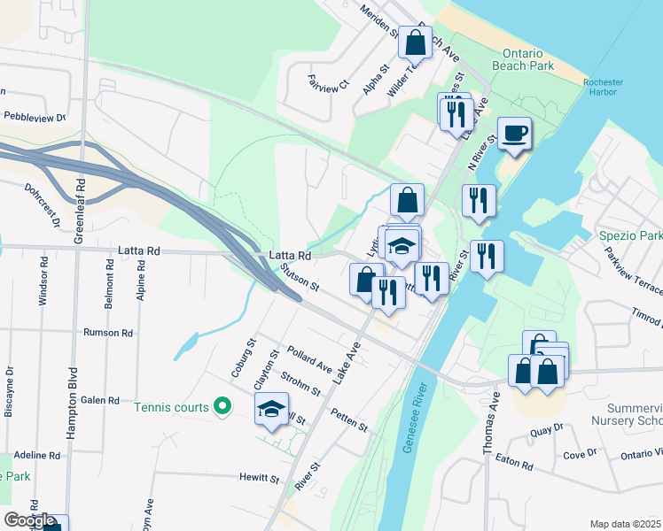 map of restaurants, bars, coffee shops, grocery stores, and more near 209 Latta Road in Rochester