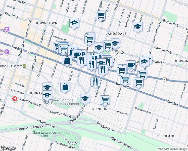 map of restaurants, bars, coffee shops, grocery stores, and more near 44 Victoria Ave S in Hamilton Division