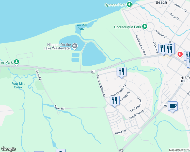 map of restaurants, bars, coffee shops, grocery stores, and more near Sentry Circle in Niagara-on-the-Lake