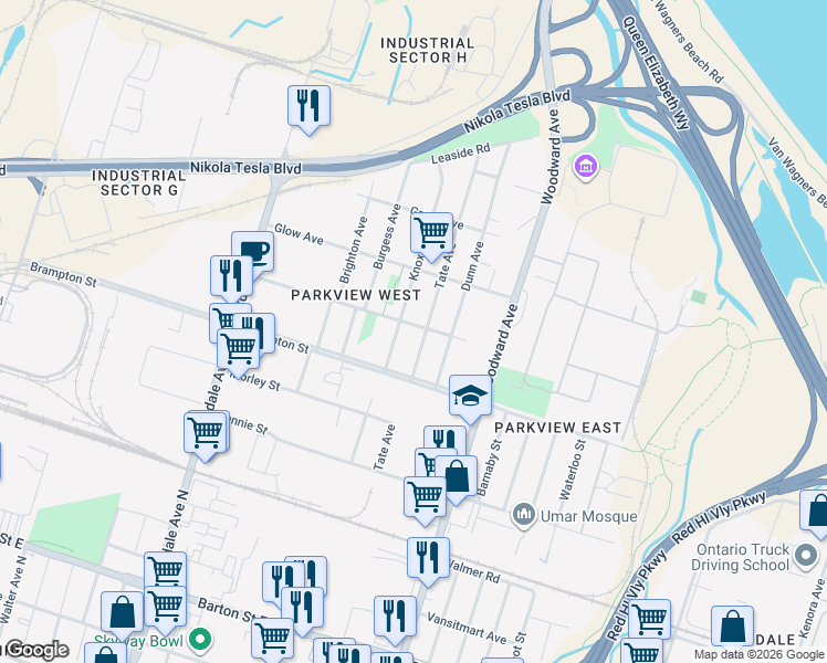 map of restaurants, bars, coffee shops, grocery stores, and more near in Hamilton