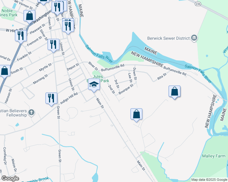 map of restaurants, bars, coffee shops, grocery stores, and more near 28 2nd Street in Somersworth