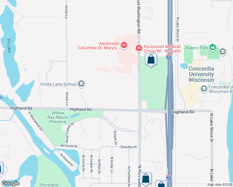 map of restaurants, bars, coffee shops, grocery stores, and more near 1310 Highland Road in Mequon