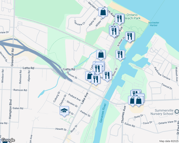 map of restaurants, bars, coffee shops, grocery stores, and more near Latta Road & Lydia Street in Rochester