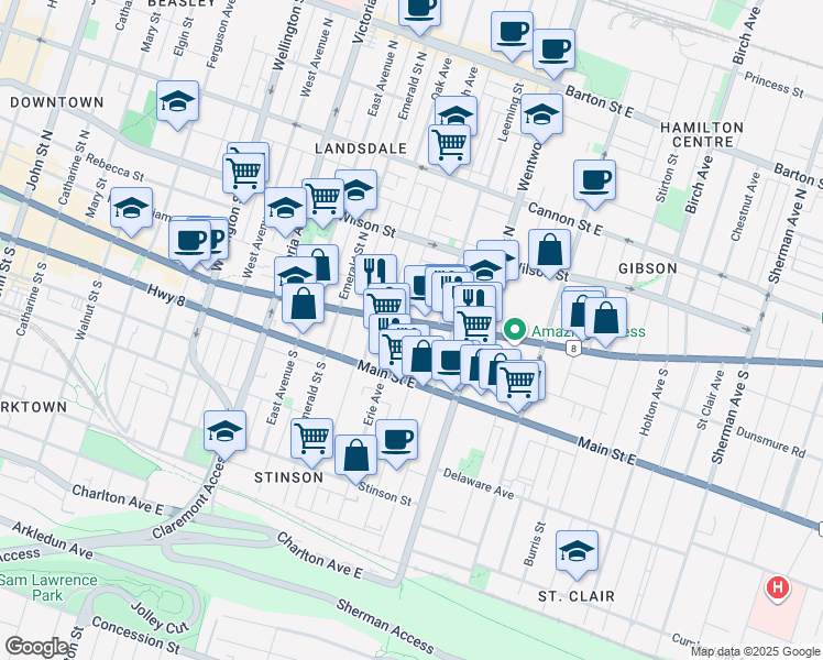 map of restaurants, bars, coffee shops, grocery stores, and more near 564 King Street East in Hamilton