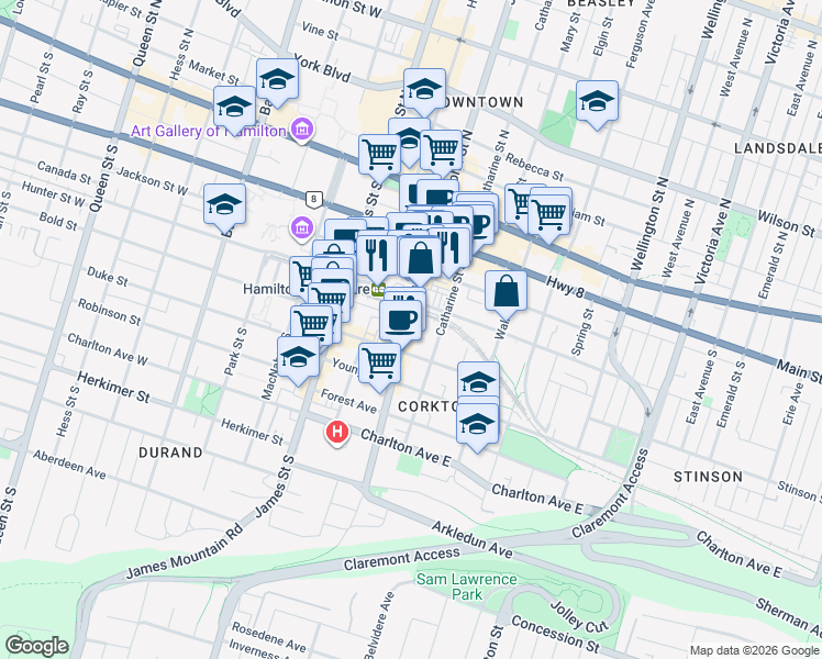 map of restaurants, bars, coffee shops, grocery stores, and more near 139 John Street South in Hamilton