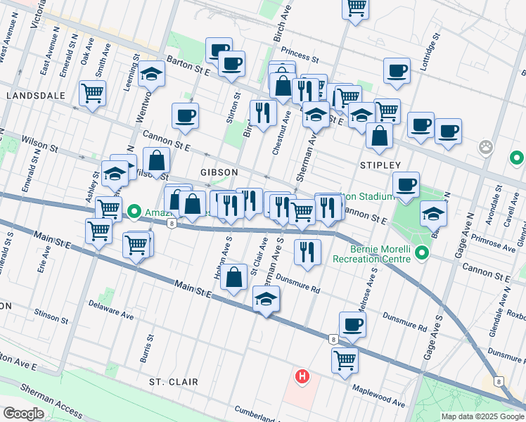 map of restaurants, bars, coffee shops, grocery stores, and more near in Hamilton