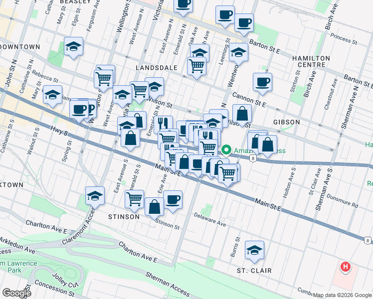 map of restaurants, bars, coffee shops, grocery stores, and more near 595 King Street East in Hamilton