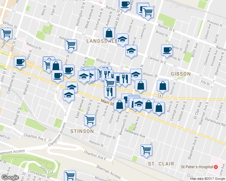 map of restaurants, bars, coffee shops, grocery stores, and more near 524 Hamilton Regional Road 8 in Hamilton