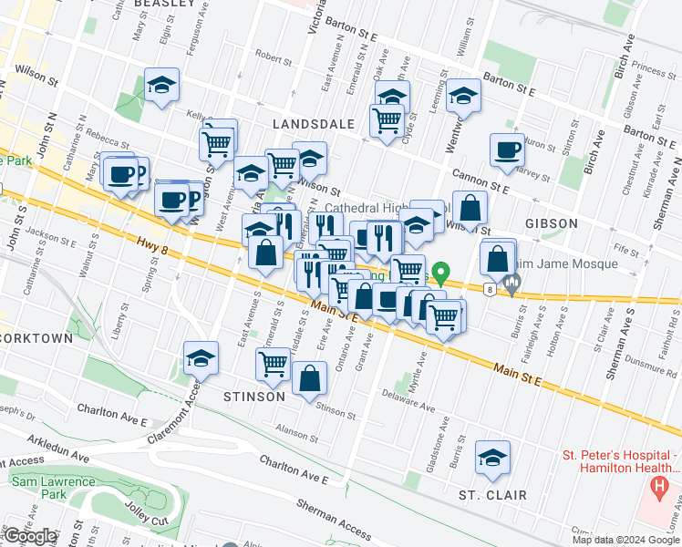 map of restaurants, bars, coffee shops, grocery stores, and more near 524 Hamilton Regional Road 8 in Hamilton