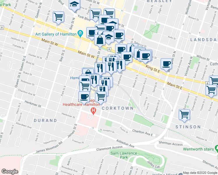 map of restaurants, bars, coffee shops, grocery stores, and more near 131 John Street South in Hamilton