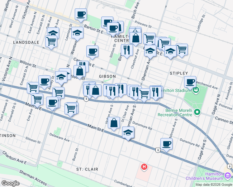 map of restaurants, bars, coffee shops, grocery stores, and more near 23 Gibson Avenue in Hamilton