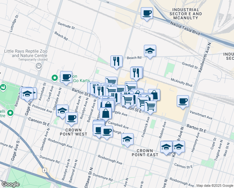 map of restaurants, bars, coffee shops, grocery stores, and more near 450 Ottawa Street North in Hamilton