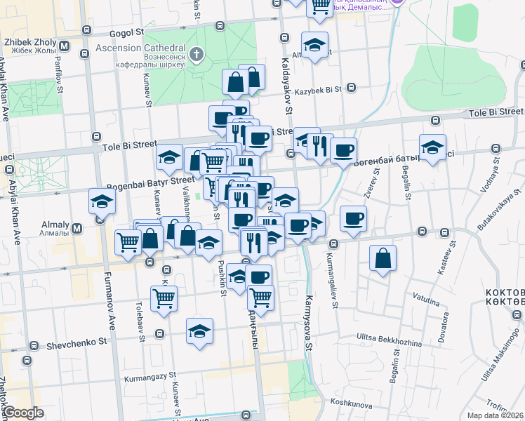 map of restaurants, bars, coffee shops, grocery stores, and more near in Almaty