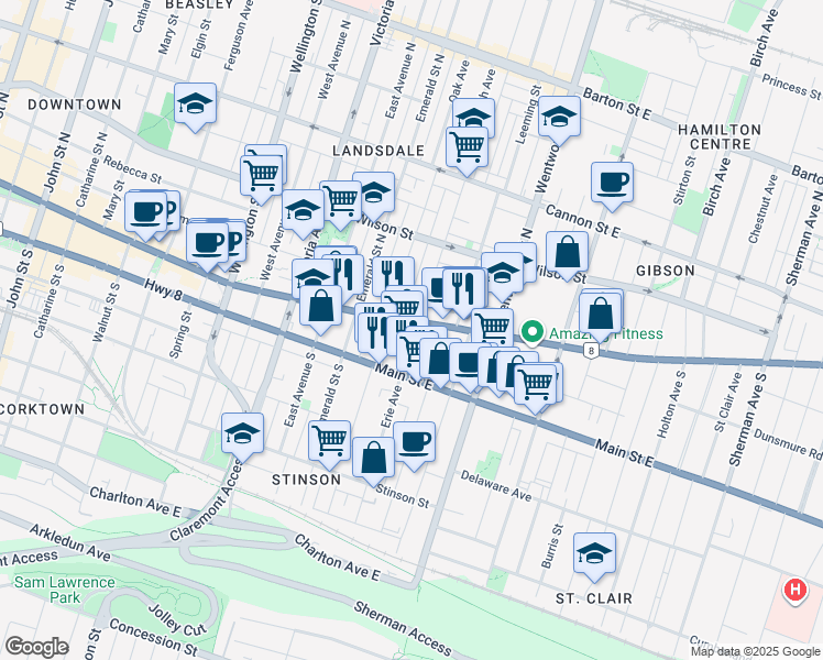 map of restaurants, bars, coffee shops, grocery stores, and more near 540 King Street East in Hamilton