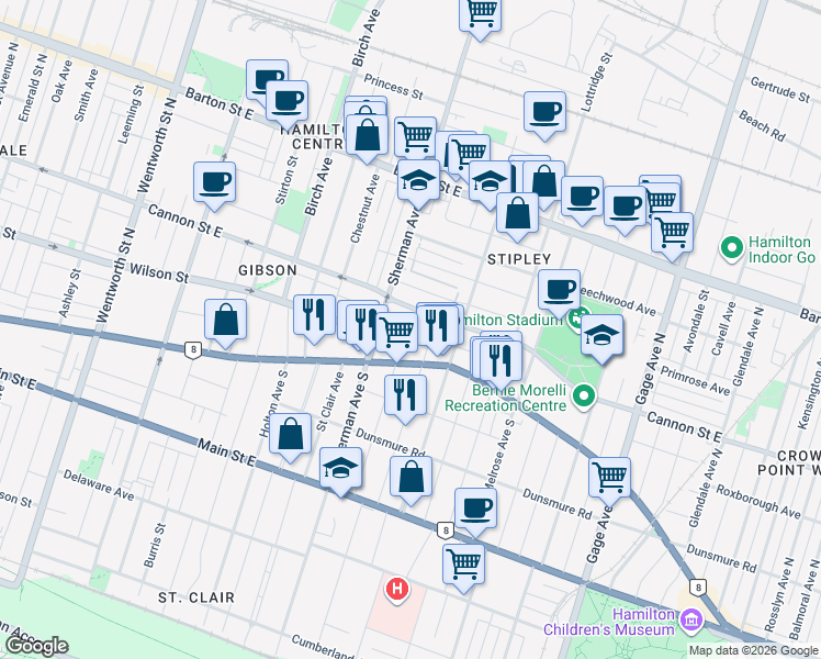 map of restaurants, bars, coffee shops, grocery stores, and more near 32 Garfield Avenue North in Hamilton