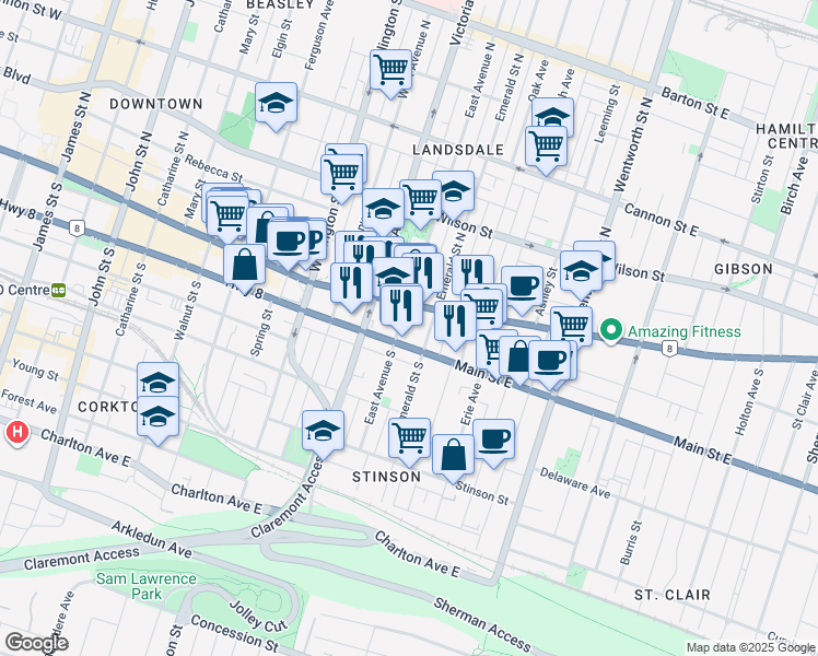 map of restaurants, bars, coffee shops, grocery stores, and more near in Hamilton