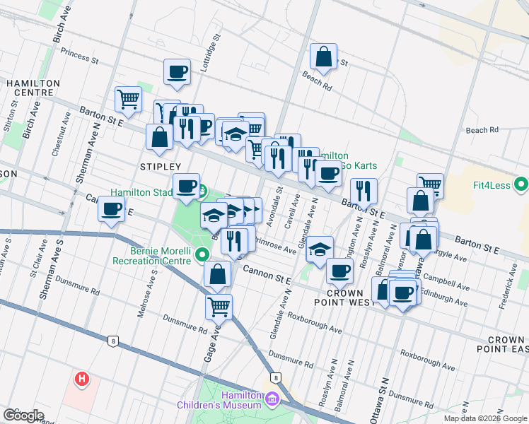 map of restaurants, bars, coffee shops, grocery stores, and more near 252 Beechwood Avenue in Hamilton