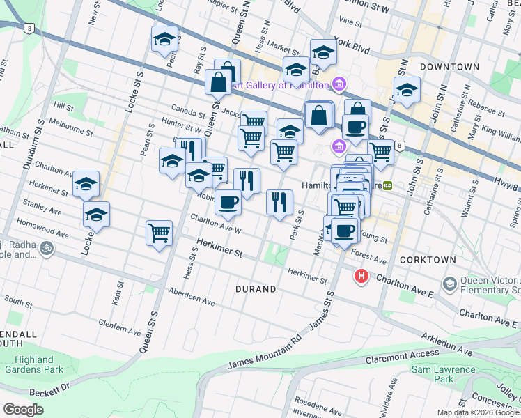 map of restaurants, bars, coffee shops, grocery stores, and more near 116 Robinson Street in Hamilton
