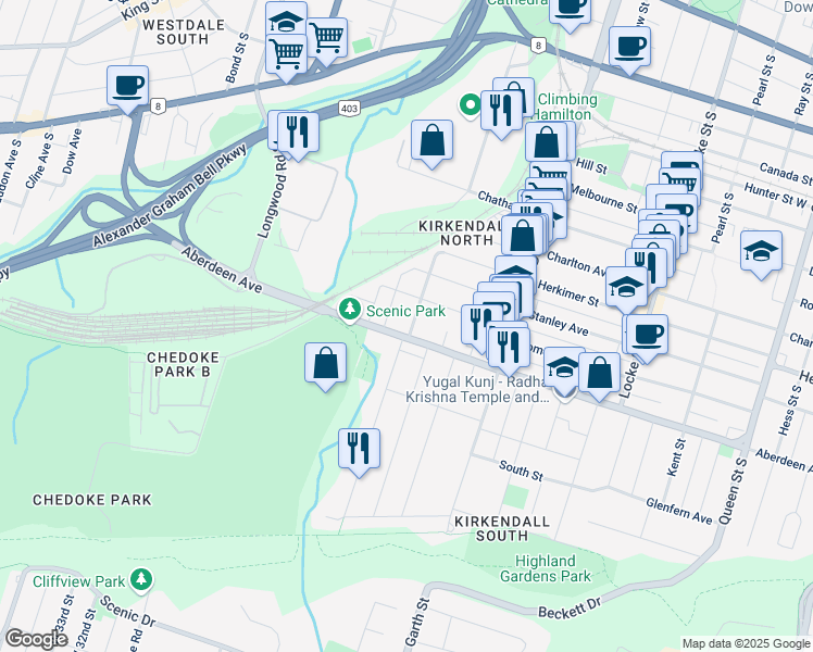 map of restaurants, bars, coffee shops, grocery stores, and more near 74 Macdonald Avenue in Hamilton