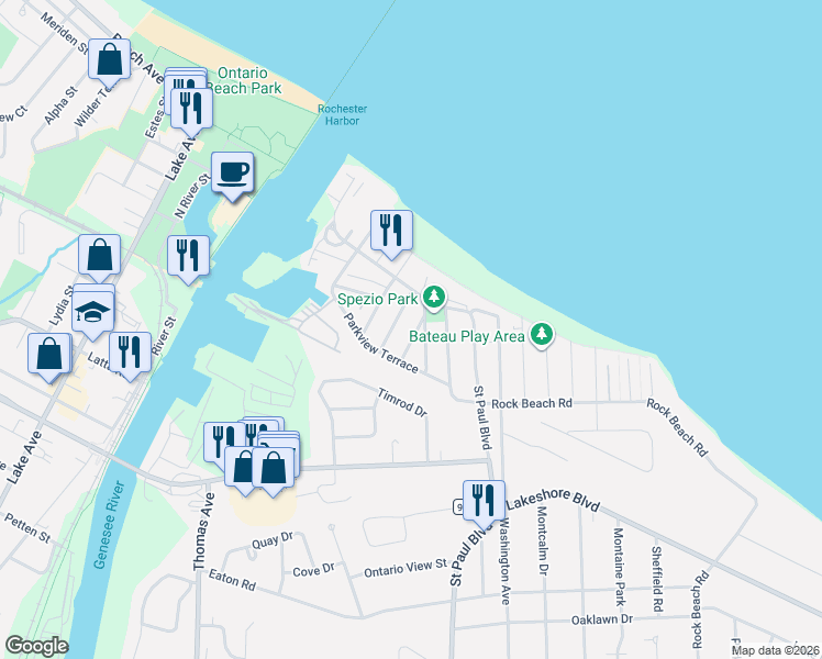 map of restaurants, bars, coffee shops, grocery stores, and more near 40 Centre Terrace in Rochester