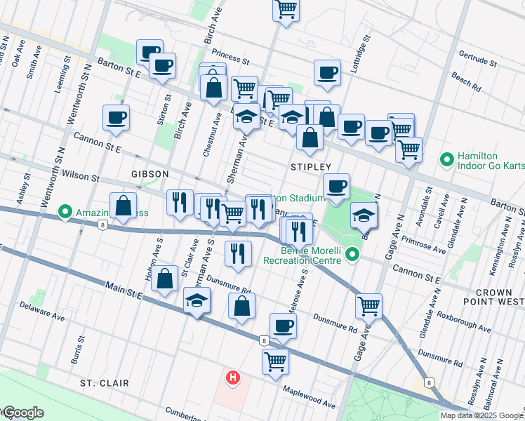 map of restaurants, bars, coffee shops, grocery stores, and more near in Hamilton