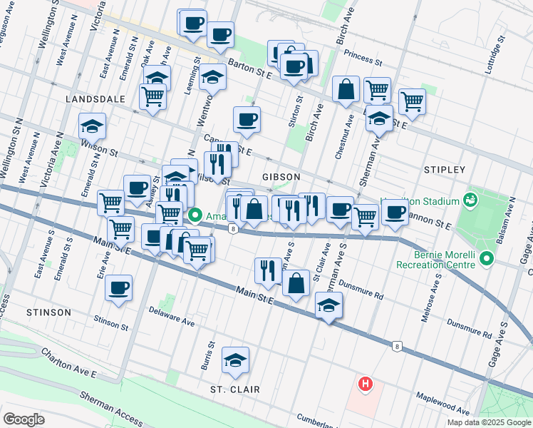 map of restaurants, bars, coffee shops, grocery stores, and more near in Hamilton