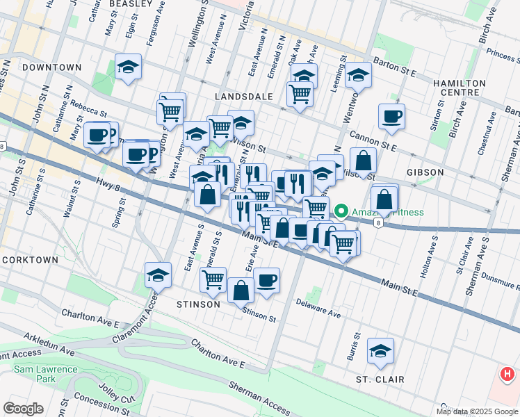 map of restaurants, bars, coffee shops, grocery stores, and more near 524 Hamilton Regional Road 8 in Hamilton