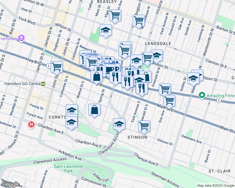map of restaurants, bars, coffee shops, grocery stores, and more near in Hamilton
