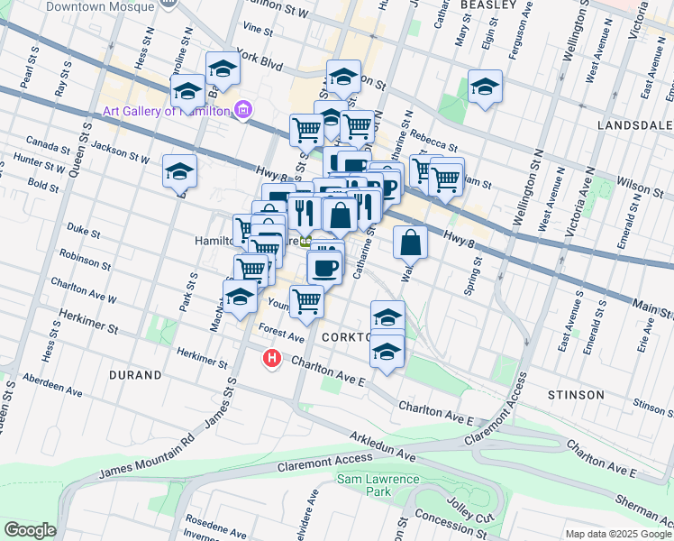 map of restaurants, bars, coffee shops, grocery stores, and more near 131 John Street South in Hamilton