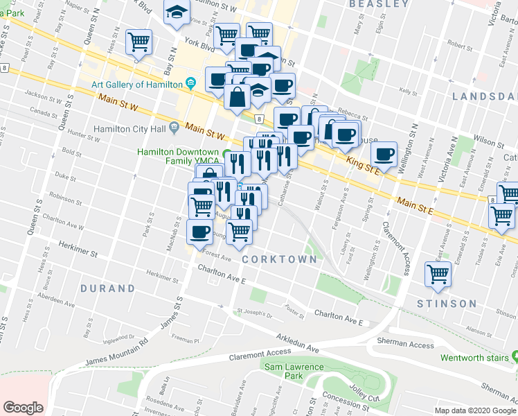 map of restaurants, bars, coffee shops, grocery stores, and more near 131 John Street South in Hamilton