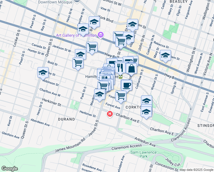 map of restaurants, bars, coffee shops, grocery stores, and more near in Hamilton
