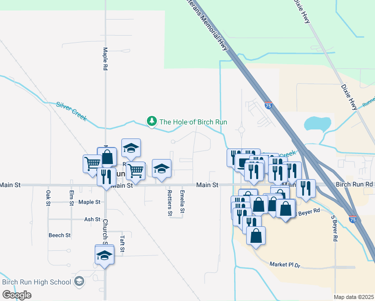 map of restaurants, bars, coffee shops, grocery stores, and more near 11840 Silver Creek Drive in Birch Run
