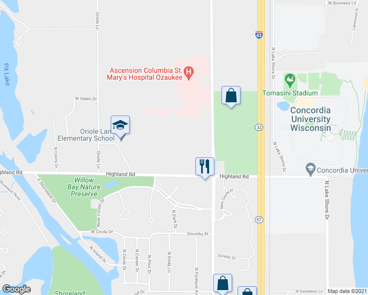map of restaurants, bars, coffee shops, grocery stores, and more near 1310 Highland Road in Mequon